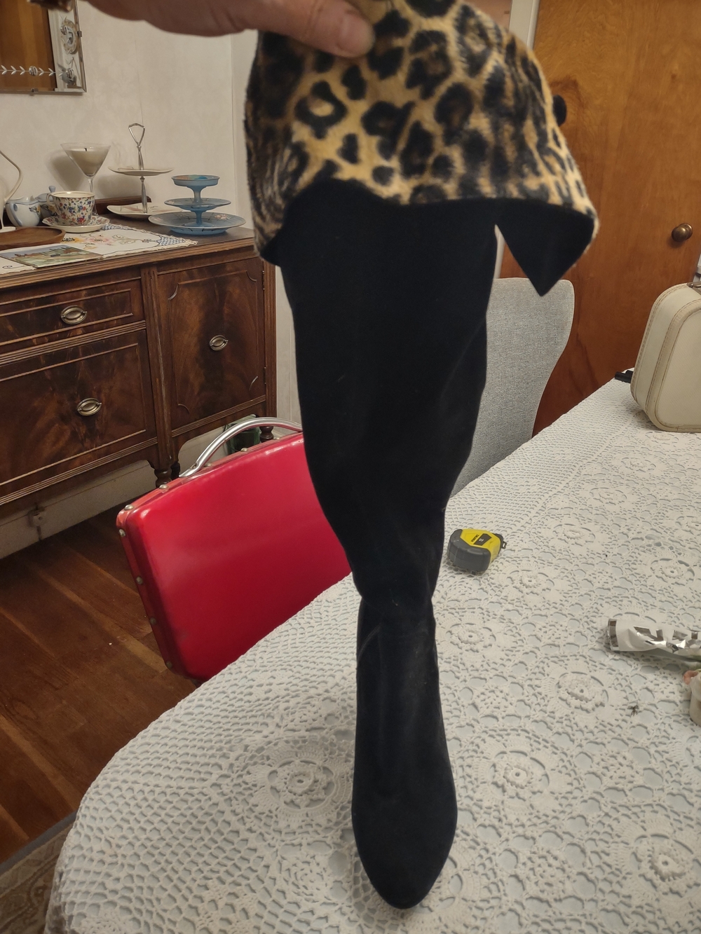 Beverly Feldman Black Over-the-Knee Boots with Leopard Fold-Over Cuff